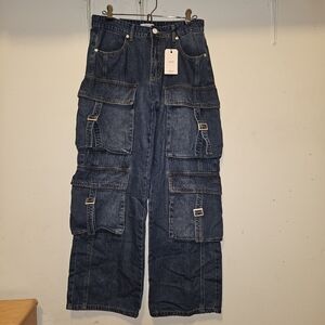 Forever 21 BRATZ Women's Dark Blue Wide Leg Cargo Jeans (Brand New With Tags)